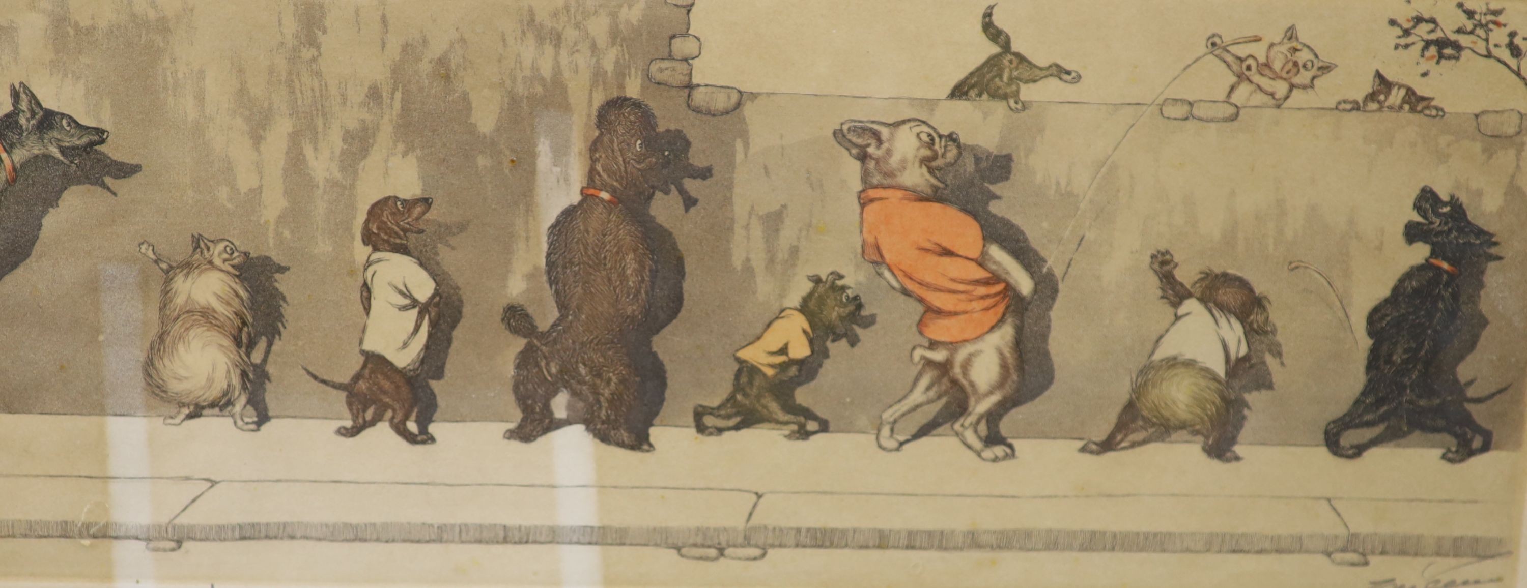 Boris Klein (1893-1985), a set of four dog themed etchings, signed in pencil, 17 x 43cm.